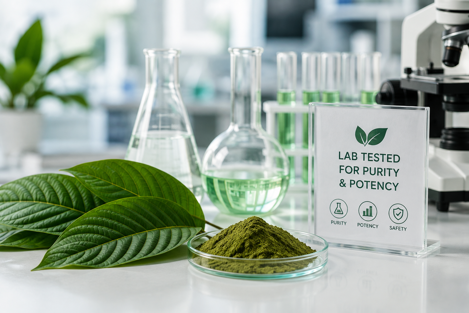 Lab glassware with kratom powder and botanical leaves
