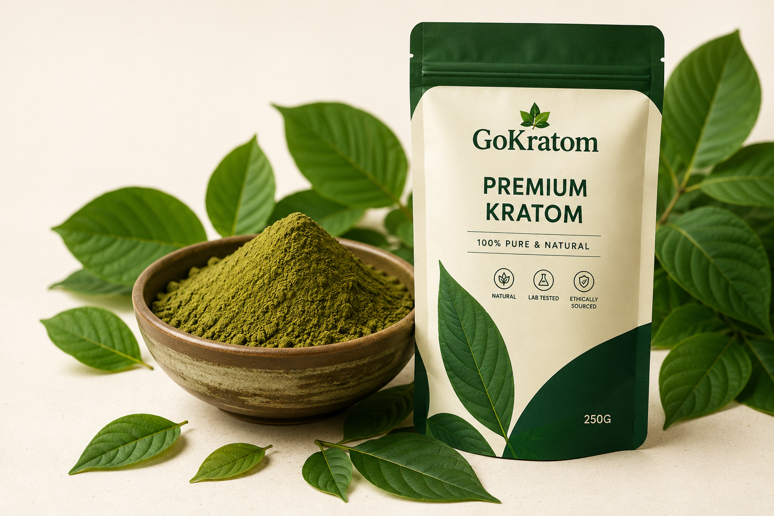 Premium GoKratom botanical product display with kratom powder and leaves